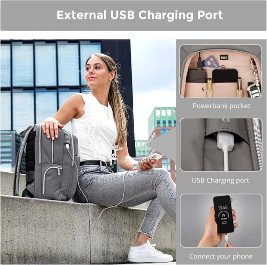 Swissdigital Design Laptop Backpack For Women,Travel Backpack With USB Charging Port,Fits 15.6 Inch School Computer Backpacks For Work Business,Grey | KATY ROSE