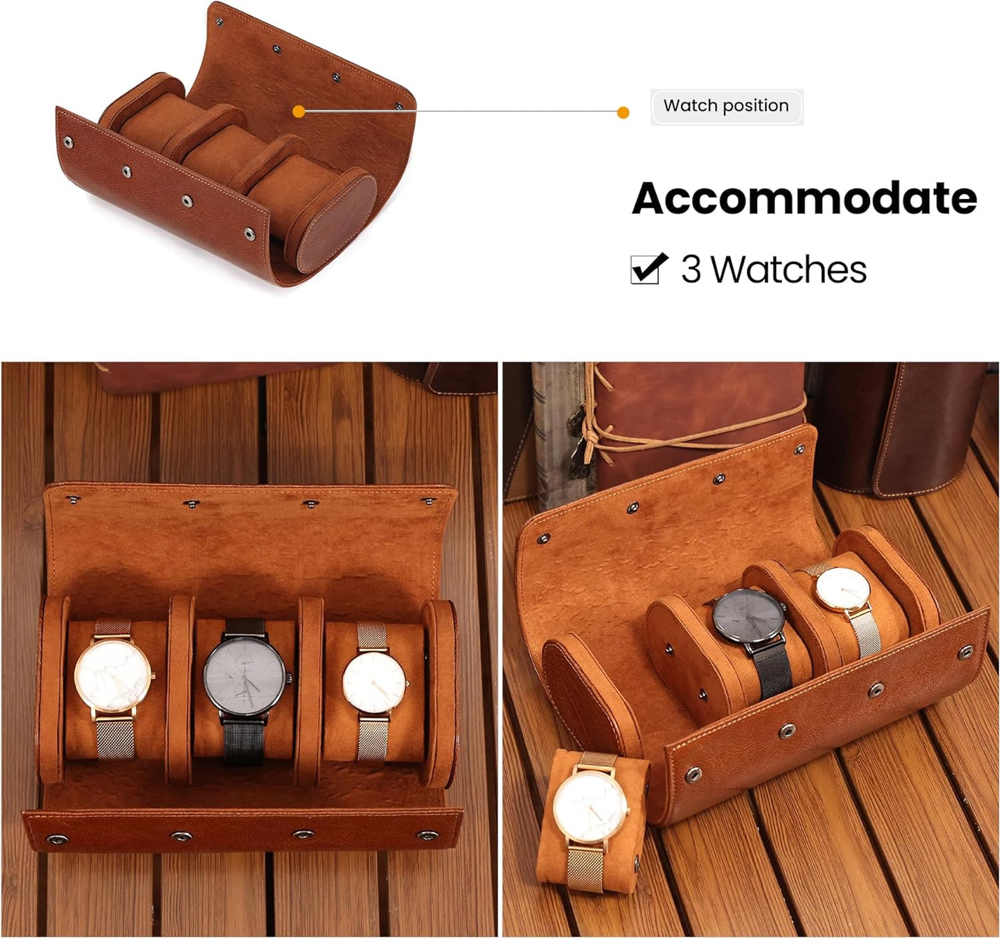 JOYIR Watch Roll for Travel, Genuine Leather Watch Case Organizer with 3 Pillows | Portable Storage & Display Case for Men, Women | Ideal Gift for Father's Day, Birthday, Christmas