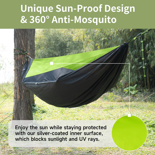 Camping Hammock with Mosquito Net and Sunshade, Backpacking Hammock with Ridge Rope Tree Straps, Lightweight Portable Hammocks for Outside, Hiking, and Travel