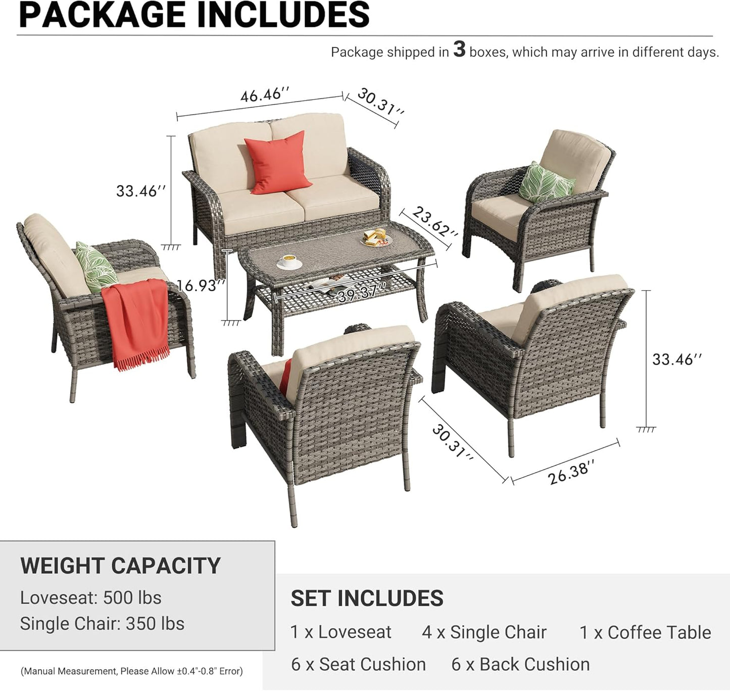 HOOOWOOO Patio Furniture Set,6 Pieces Outdoor Conversation Set,All Weather Wicker Loveseat Sofa Set with High Back Chairs Table,Beige
