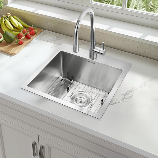 18-Inch Bar Sink Drop-In, SINKVINE Stainless Steel Kitchen Sink for Laundry Outdoor, RV, Top Mounted with Deep Single Bowl, 3.5" Drain Strainer, Bottom Rise Grid, Roll-up Drying Unit, 18 x 18 inch