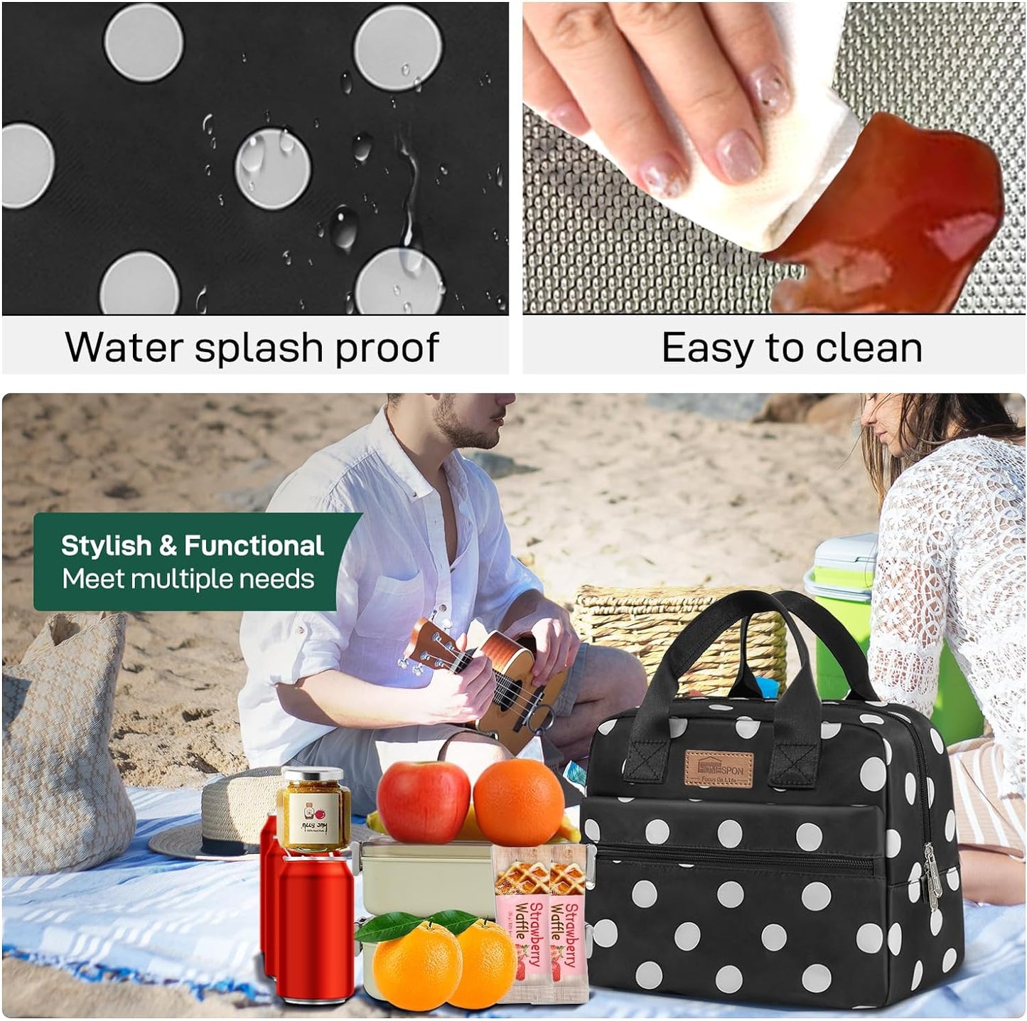HOMESPON Insulated Lunch Bag for Women Men Lunch Box Cooler Lunch Tote for Work Picnic (Polka Dots)