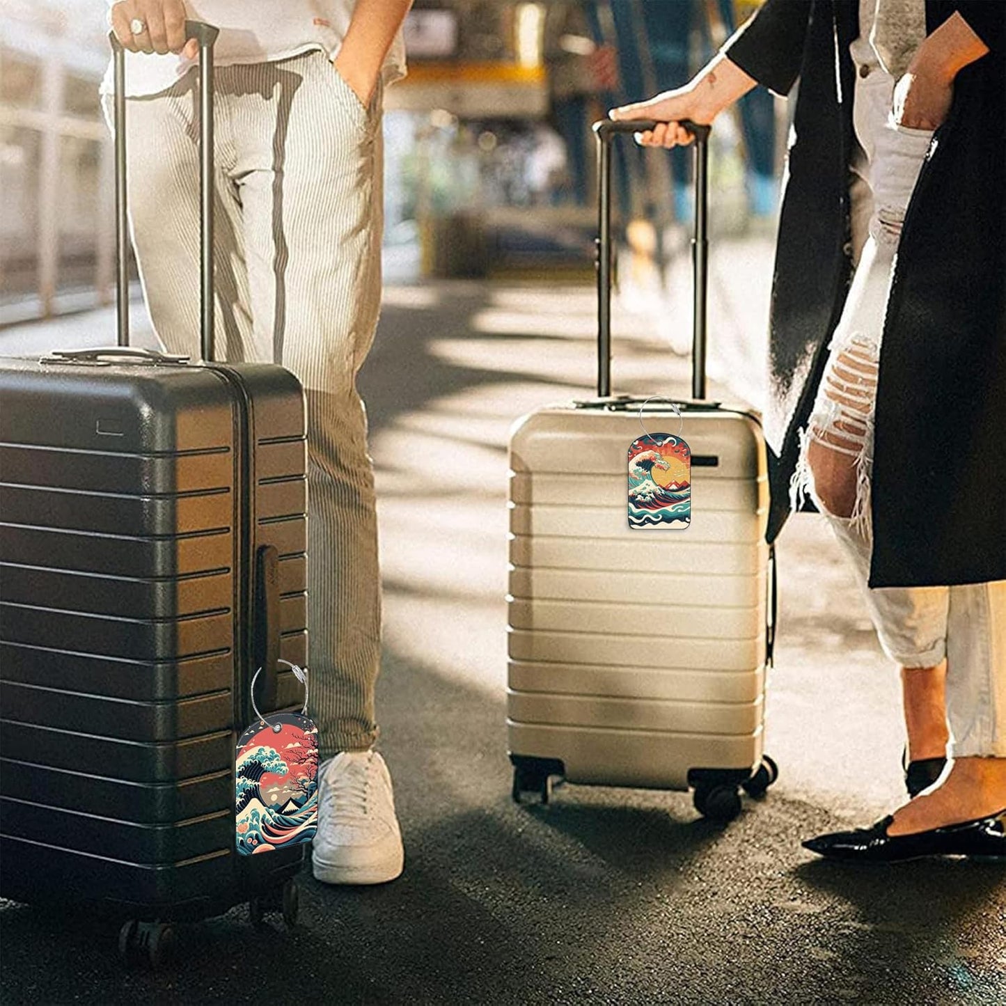 Japanese Style Ocean Wave Sun Leather Luggage Tag for Suitcase 2 Pack Luggage Tag with Privacy Name ID Label and Stainless Steel Loop for Travel Bag Suitcase