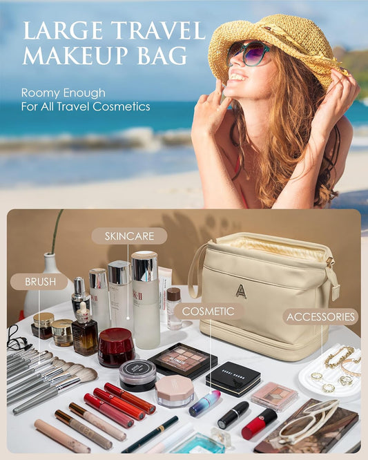Women Gifts, Initial Large Makeup Bag, Travel Essentials, Personalized Double Layer Cosmetic Bag with Makeup Brush Organizer, Travel Toiletry Bag, Trendy Gifts For Women