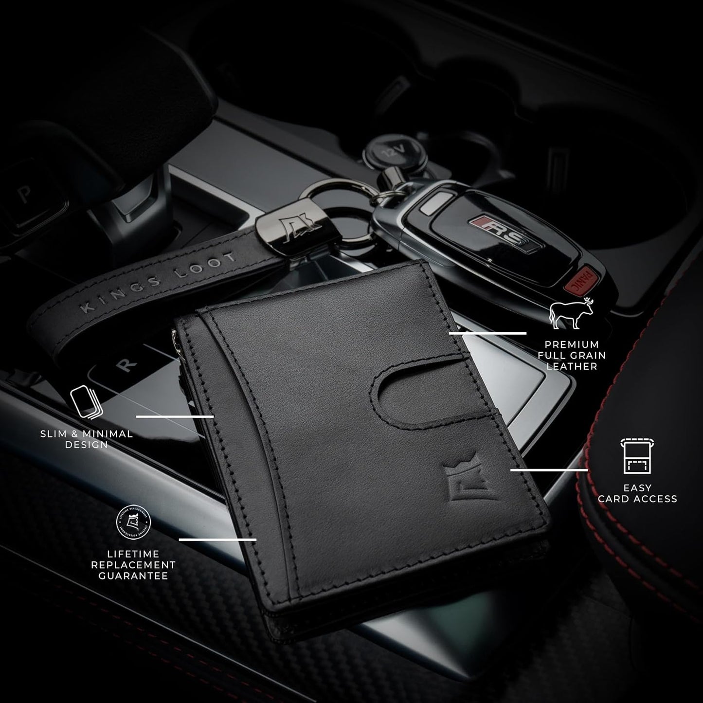 Kings Loot Money Clip Slim Minimalist Wallet for Men | RFID Blocking Leather Design with Money Clip | Front Pocket Bifold Holds 12 Cards | Stylish & Compact Wallets (Black)