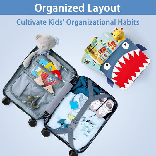 iPlay, iLearn Shark Kids Luggage, Boys Carry on Suitcase, 18" Hardside Travel Luggage Set W/Backpack, Toddlers Rolling Luggage W/ 4 Spinner Wheels, Children Holiday Birthday Gifts