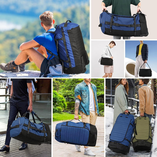 Vomgomfom 86L Collapsible Wheeled Luggage with Removable Backpack Straps,Waterproof Rolling Duffle Bag with Quilted Base,No Telescope Handle,Navy