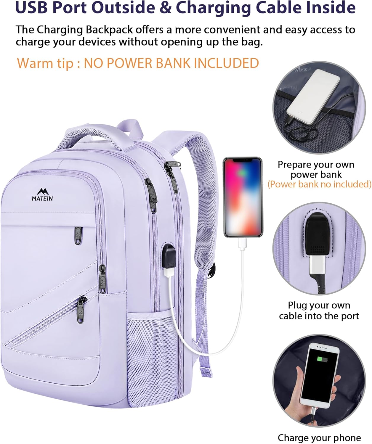 MATEIN College School Backpack for Women, 17 Inch Large College Laptop Bookbag TSA Approved, Anti Theft Multiple Pockets Computer Carry On for Work Travel, Light Purple