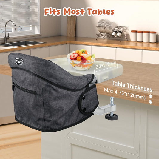 Hook On High Chair, Jozzve Clip on High Chair with Removable Dining Tray for Babies and Toddlers, Fold-Flat Storage Portable Baby Feeding Seat, Attach to Fast Table Chair for Home Travel (Black)