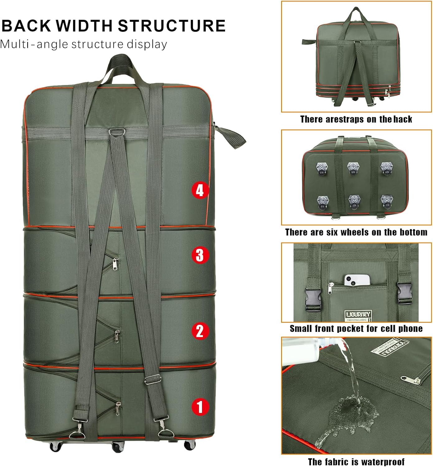 Expandable Large Capacity Travel Bag Oxford Cloth Duffel Bag with Wheels Lightweight Waterproof Travel Foldable Suitcase(ArmyGreen)