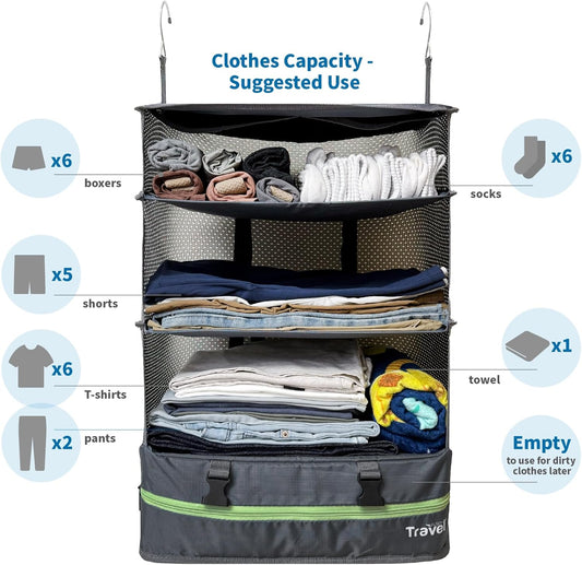 Stow-N-Go Portable Hanging Travel Shelves, Packing Organizer for Luggage. Carry on Closet for Clothes. Expandable Packing Cube. Travel Essentials. Dak Gray - XL