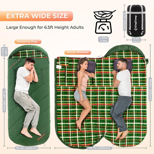 KingCamp Sleeping Bag for Adults, Cold Weather & Warm Extra Wide Big & Tall XL Portable Waterproof Flannel Sleeping Bags, Essentials Gear Accessories for Camping Backpacking Hiking Indoor & Outdoor