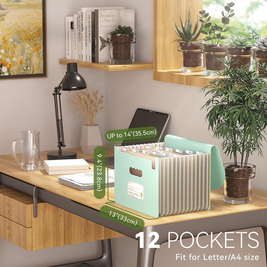 Accordion File Organizer, 12 Pockets Wheat Straw Expanding File Folder, Portable Monthly Paper Bill Tax Receipt Organizer, Letter A4 Size Document Holder,Green Office with Colorful Tab,Mint Green