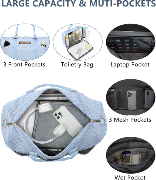 Women Duffle Weekender Travel Bag: Large Duffel Bags with Shoe Compartment Carry On Overnight Tote with Wet Pocket Traveling Weekend Gym Yoga Hospital Bag for Womens Light Blue