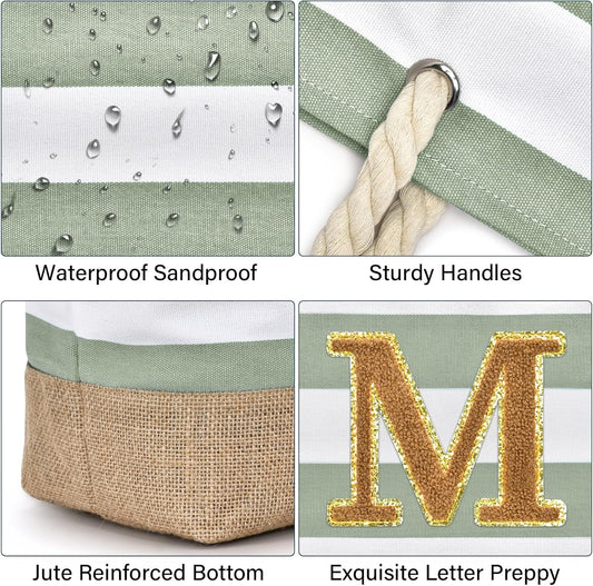 Becokan Beach Bag Initial Beach Tote with Makeup Bag for Travel Work Storage Personalized Birthday Gifts for Women Her