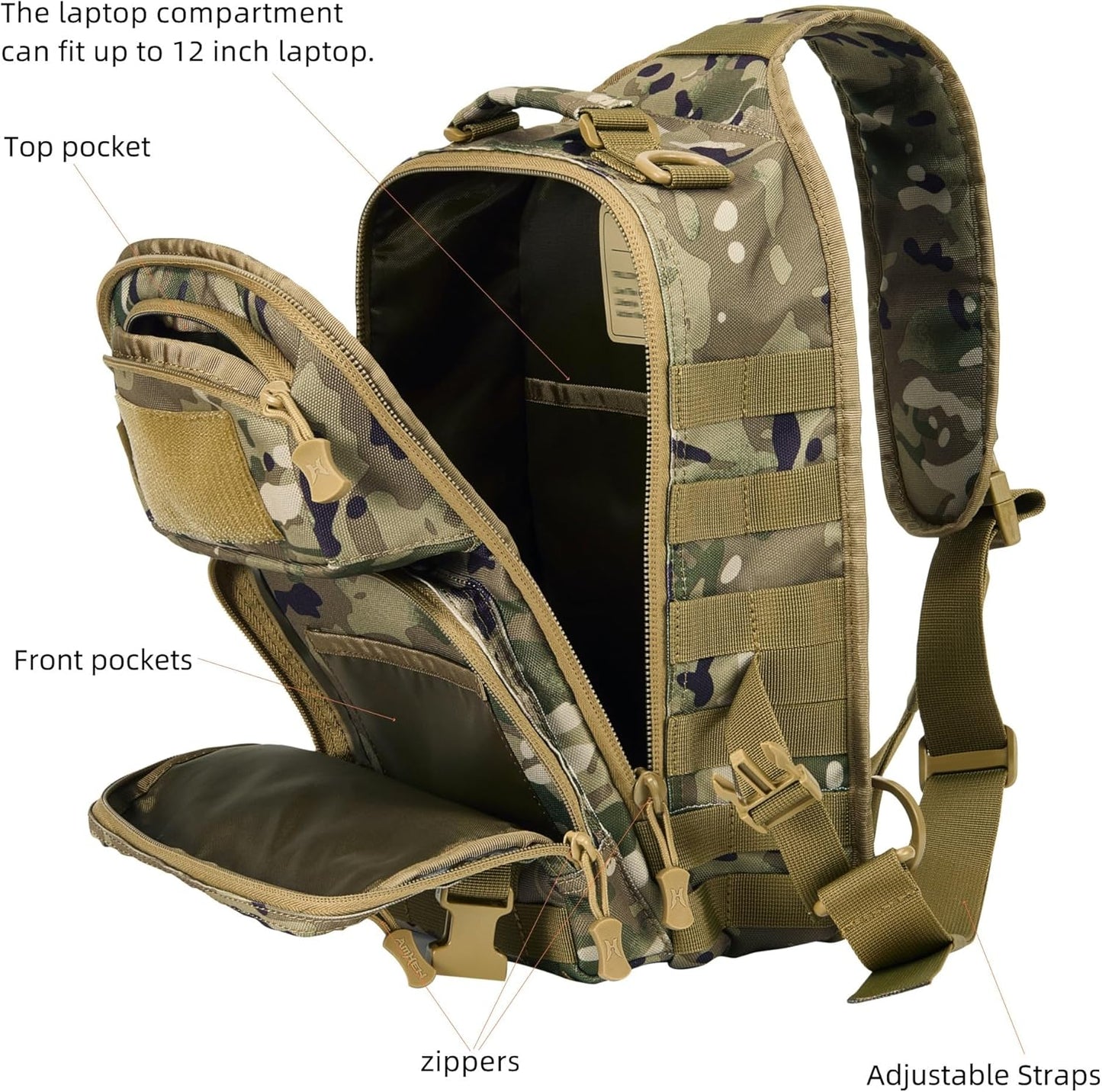 15L Tactical Crossbody Sling Bag | Everyday One Shoulder Backpack Fit 12 Inch Laptop, Molle, Daily Use, Travel, Hiking (Camo)