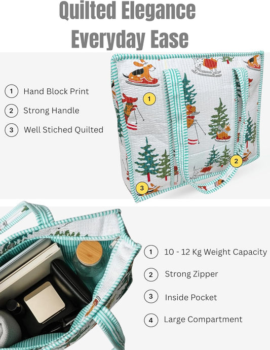 Cotton Quilted Tote Bag for Women – Large Beach & Travel Tote with Zipper, Reusable Grocery Bag