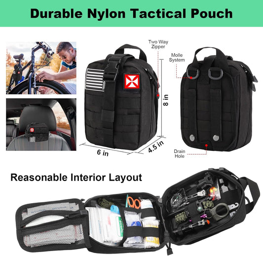 Survival Kit 256 in 1, First Aid Kit Survival Gear Tools Trauma Kit with Molle Pouch for Outdoor, Camping, Hunting, Hiking, Earthquake, Home, Office, Gifts for Men Dad Husband Women