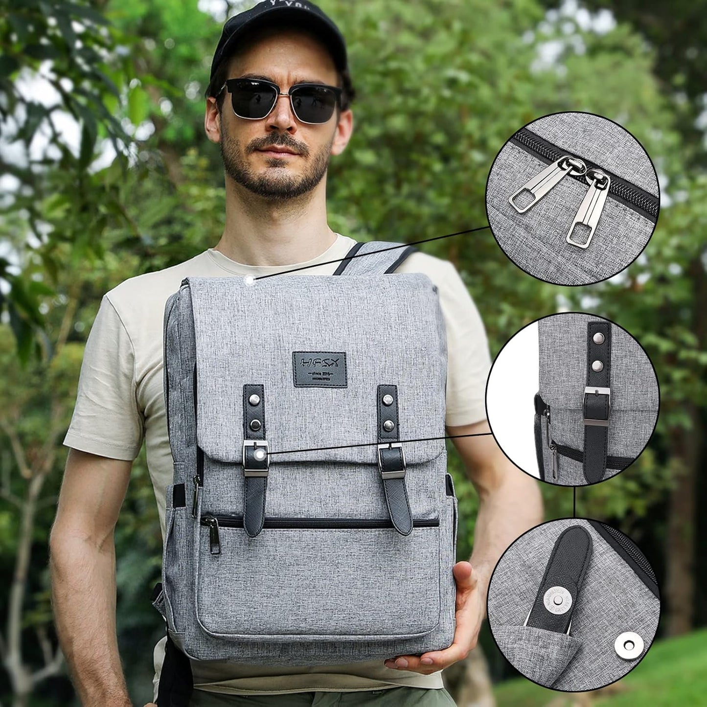 HFSX Vintage Backpack Anti Theft Laptop Backpack Men Women Business Travel Computer Backpack College Bookbag Stylish Water Resistant Vintage Backpack with USB Port Fits 15.6 Inch Laptop Grey