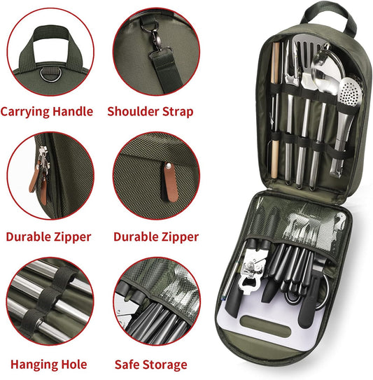 Portable Camping Kitchen Utensil Set-27 Piece Cookware Kit, Stainless Steel Outdoor Cooking and Grilling Utensil Organizer Travel Set Perfect for Travel, Picnics, RVs, Camping, BBQs, Parties and More