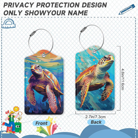 Set of 2 Luggage Tags for Suitcases, Leather Watercolor Sea Turtle Baggage Tags with Stainless Steel Loop, Privacy Name ID Card Cover Kawaii Travel Labels for Women Men Kids Girls