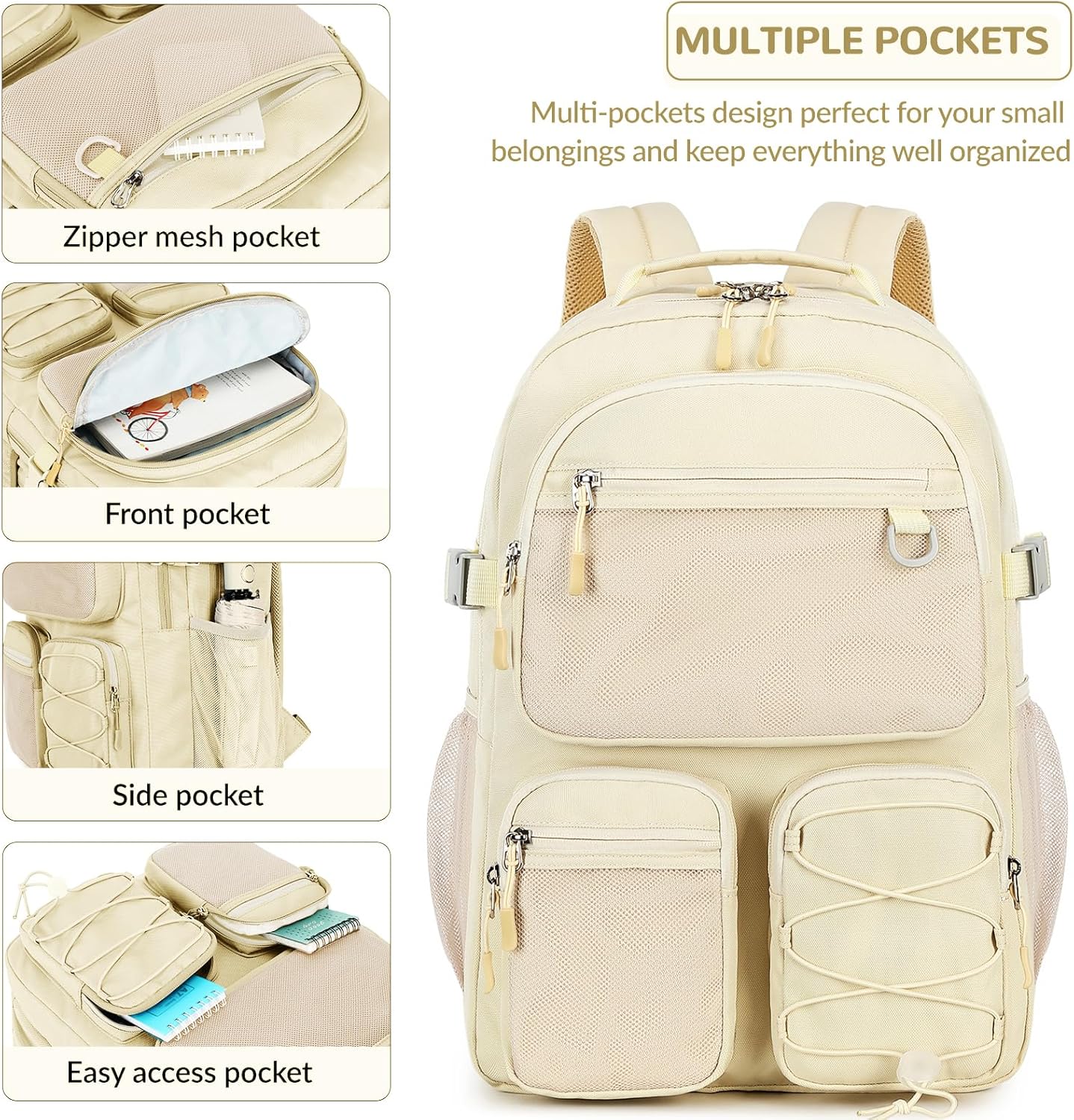 Lohol Water Resistant Backpack with Mulitiple Pockets for Travel Outdoor College, 15.6 inch Laptop Bookbag for Girl and Women (Beige)