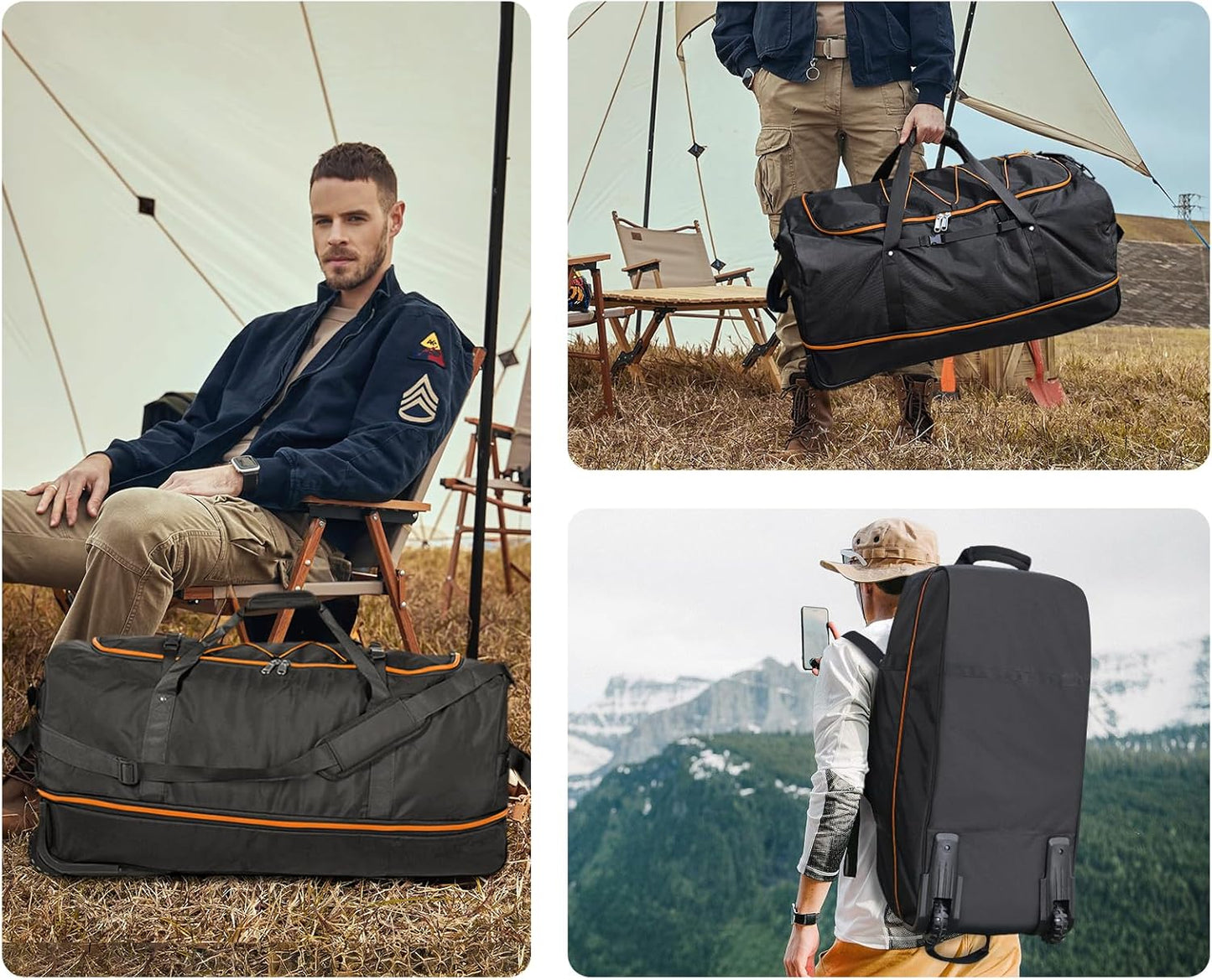 CONTAIL 32" Soft-Sided Rolling Duffle Bag with 2 Wheels,Expandable from 110L to 140L, Foldable Travel Duffel with Multiple Compartments,Black-orange