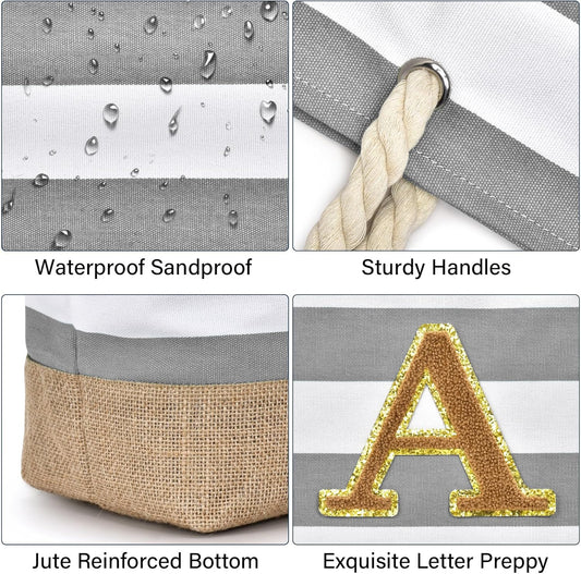 Becokan Beach Bag Initial Beach Tote with Makeup Bag for Travel Work Storage Personalized Birthday Gifts for Women Her