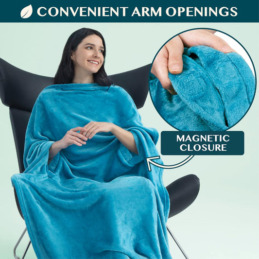 PAVILIA Travel Blanket and Pillow, Arms Opening Airplane Blankets for Adults, Compact Plane Blanket with Arm Hole 2-in-1 Bag for Flight Car Camping Fit in Luggage Backpack Traveler Gift, Teal Blue