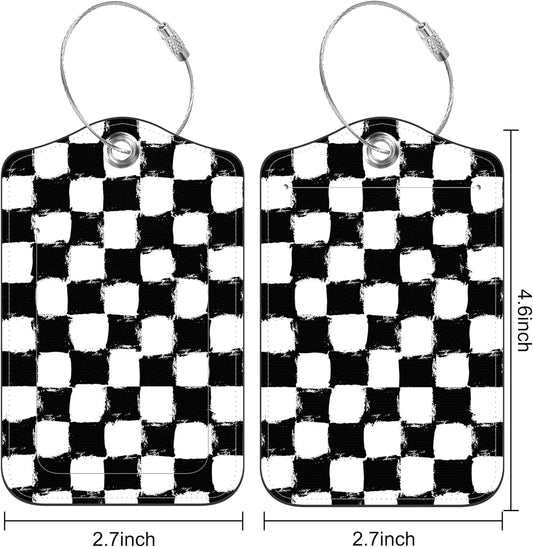2 Pack Luggage Tags Rainbow Squares and Checkered Flag PU Leather Baggage Tag with Privacy Cover Stainless Steel Loop and Name ID Card for Men Women Travel Bag Luggage Accessories