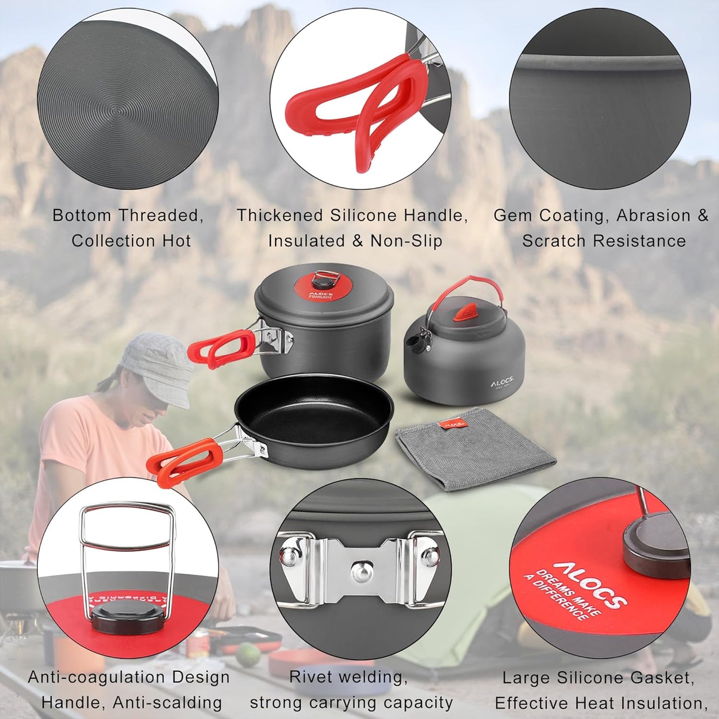Alocs Camping Cookware Set - Lightweight Camping Cookware Mess Kit - Camping Pots and Pans Set - Camping Cooking Gear with Portable Carry Bag for Outdoor Backpacking Hiking and Picnic