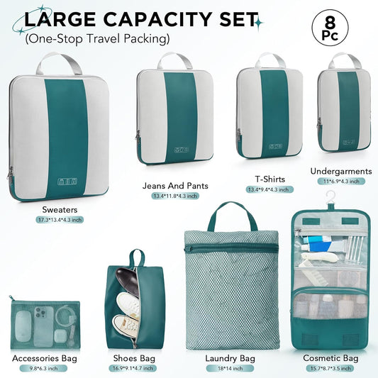 8 Set Compression Packing Cubes for Travel Essentials,Compressible Expandable Packing Cubes for Suitcase,OlarHike Luggage Organizer Bags for Travel,Handy Helper for Organizing Clothes(Dark Blue Green)