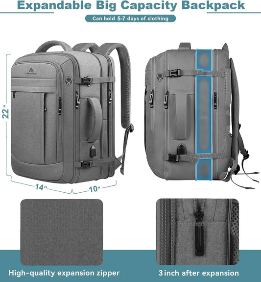 60L Travel Laptop Backpack for Men, Extra Large Backpack, Big Capacity Carry On Backpack, 18 -19 Inch Laptop Backpack with USB Charge Port Water Resistant Luggage Computer Daypack College Bag, Grey