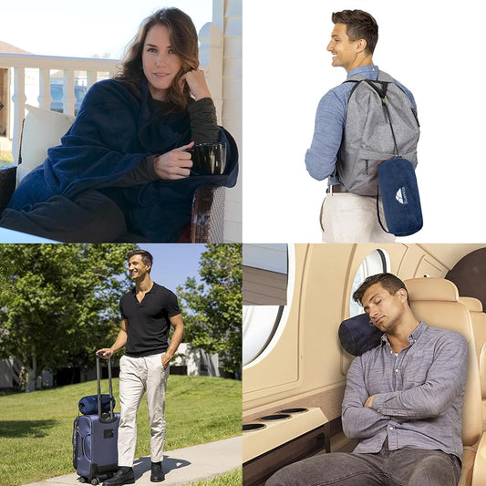 BlueHills Travel Blanket Pillow Rolled Premium Soft Plush Airplane Throw Traveling Essential Gift Compact in a Bag 70 X 48 inches Long Plane Flight Portable Lightweight Navy Blue R04