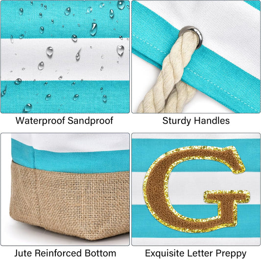 Becokan Beach Bag Initial Beach Tote with Makeup Bag for Travel Work Storage Personalized Birthday Gifts for Women Her