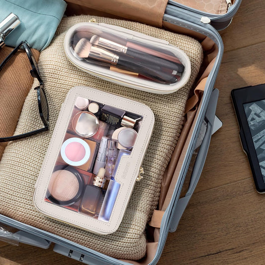 Travel Clear Makeup Bag with Makeup Brush Bag, Leather Makeup Case Toiletry Bag, Portable Cosmetic Bag Case, Transparent Waterproof Cosmetic Organizer Storage Bag for Women, Medium, Off-White