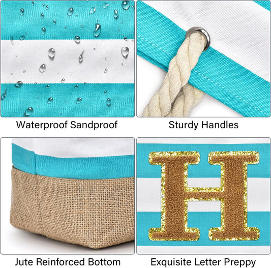 Becokan Beach Bag Initial Beach Tote with Makeup Bag for Travel Work Storage Personalized Birthday Gifts for Women Her