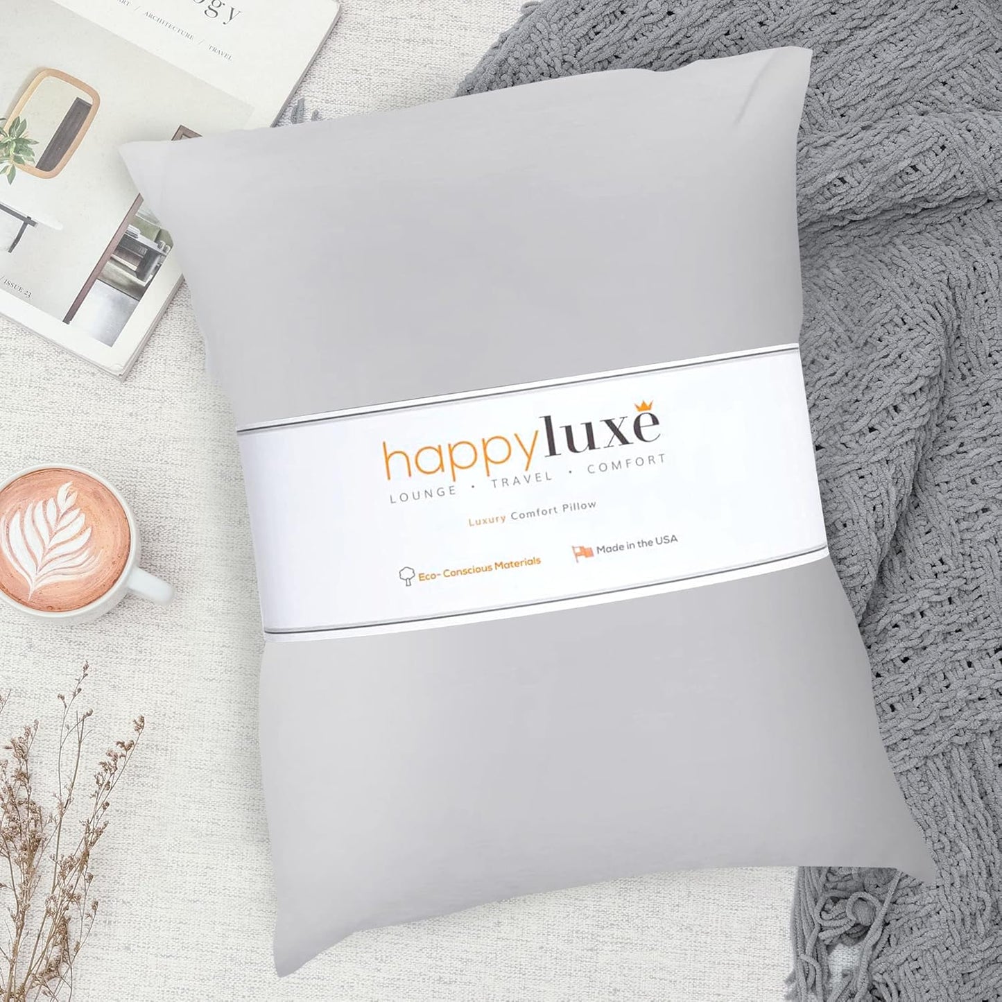 Happyluxe Odyssey Travel Pillow for Long Flights - Soft, Small, Alternative to Down and Memory Foam. 17 x 13in - Made in The USA, Silver Gray Airplane Pillow for Adults Sleeping, Camping or Nap