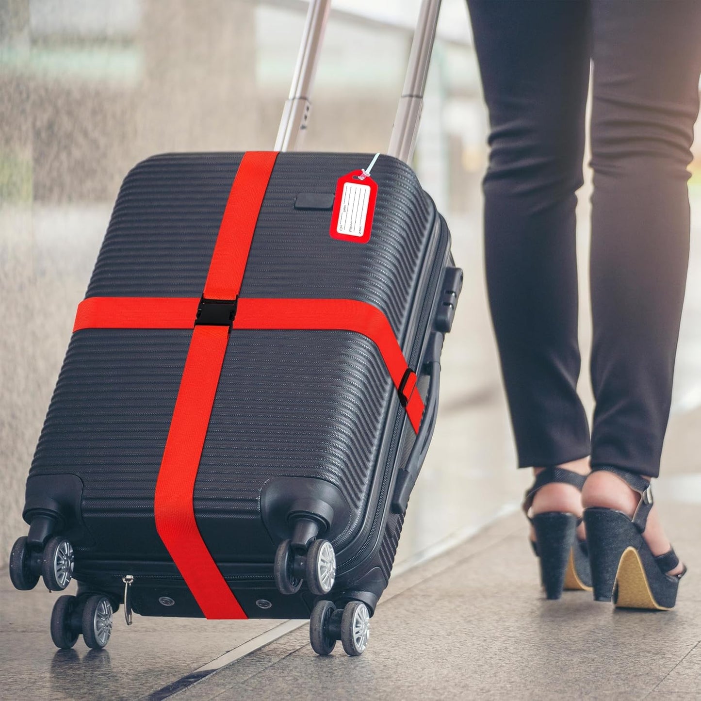 8 Pack Luggage Straps and Tags Set (4 Straps, 4 Tags), Luggage Straps for Suitcases TSA Approved Suitcase Belt Luggage Tags, Red