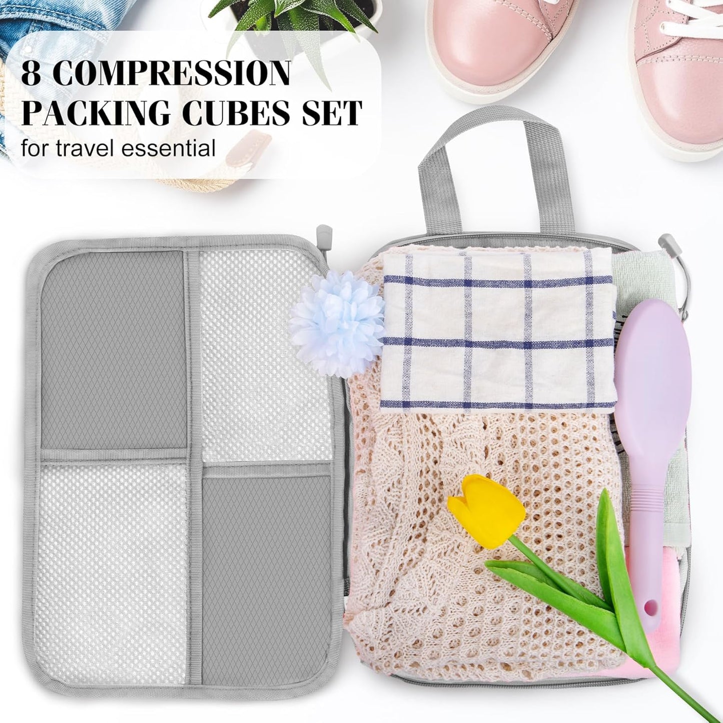 8 Set Compression Packing Cubes Travel, Lightweight Expandable Travel Cubes Suitcase Organizer for Carry On Luggage Suitcase, Grey
