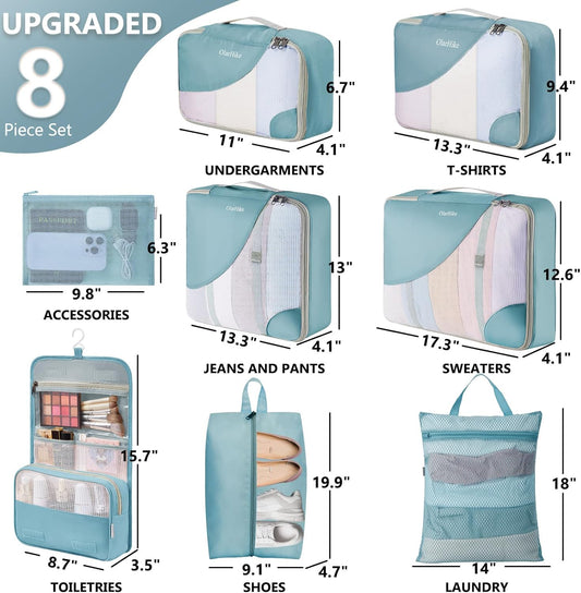 8 Set Packing Cubes for Travel, Gifts for Women Mom,Anti-Tearing Suitcase Organizer for Luggage with Shoe & Hanging Toiletry Bag,OlarHike Vacation Essentials & Accessories for Cruise Ship, Blue Gray