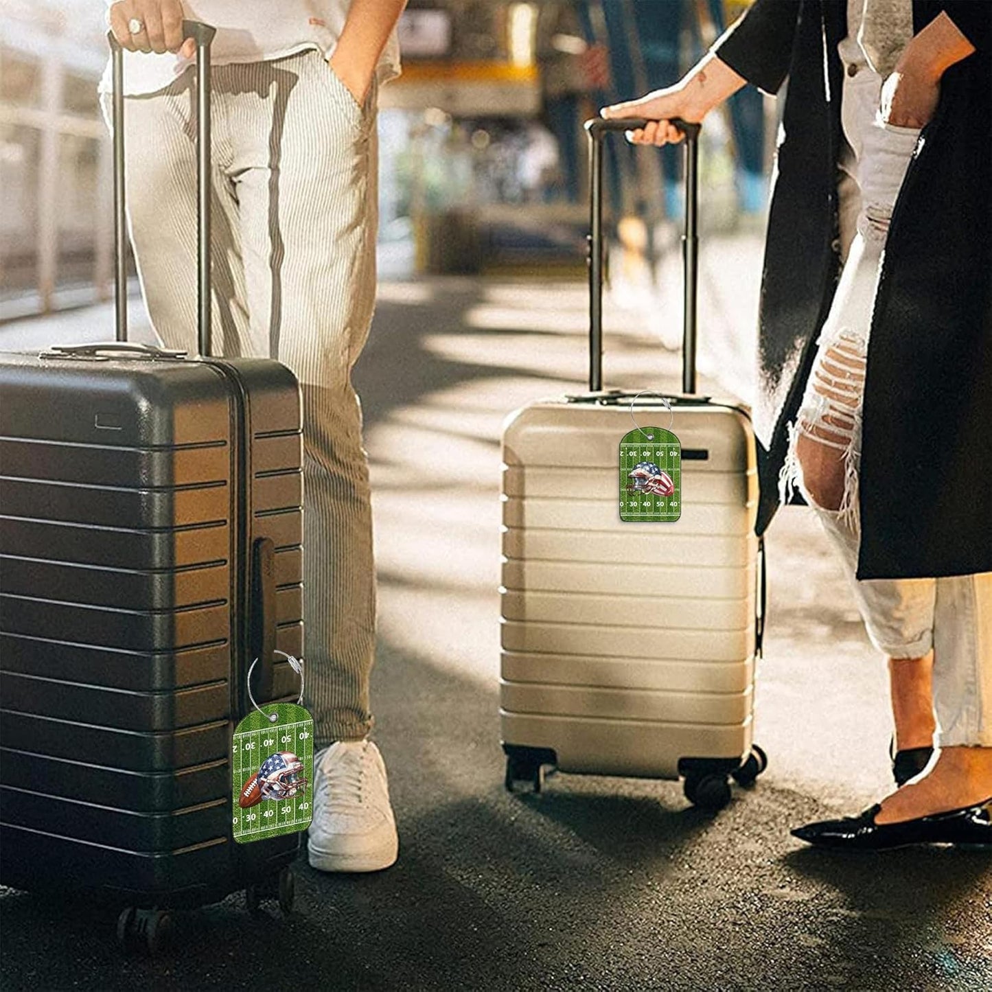 2 PCS Leather Luggage Tag for Suitcase Football and Helmet Travel Suitcase Labels with Privacy Name ID Label and Stainless Steel Loop for Adults Teens Travel Bag Labels Set