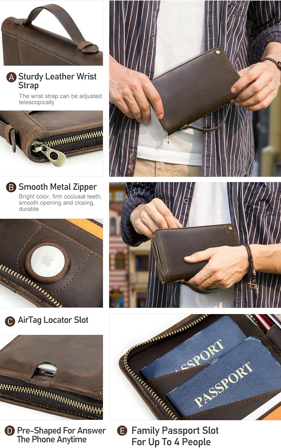 Top Grain Leather Travel Passport Wallet Holder Case for Man & Woman, Handmade for 4 Passports & Multi Cards, RFID Blocking Large Capacity for Cards/Passports/Tickets/AirTag, Matte Coffee