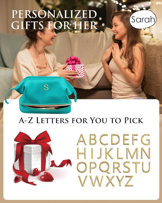 Gifts for Females, Birthday Gift for Her, Makeup Bags, Waterproof Double Layer Cosmetic Bag, Large Capacity PU Leather Makeup Bags Letter Travel Toiletry Bag, Initial Gifts for Coworkers