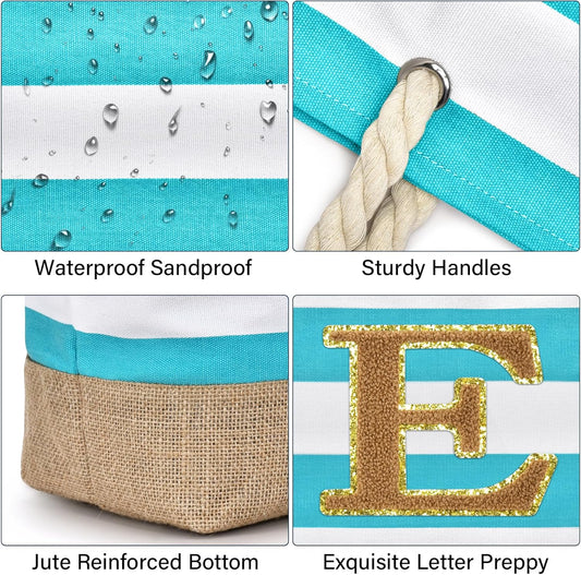 Becokan Beach Bag Initial Beach Tote with Makeup Bag for Travel Work Storage Personalized Birthday Gifts for Women Her