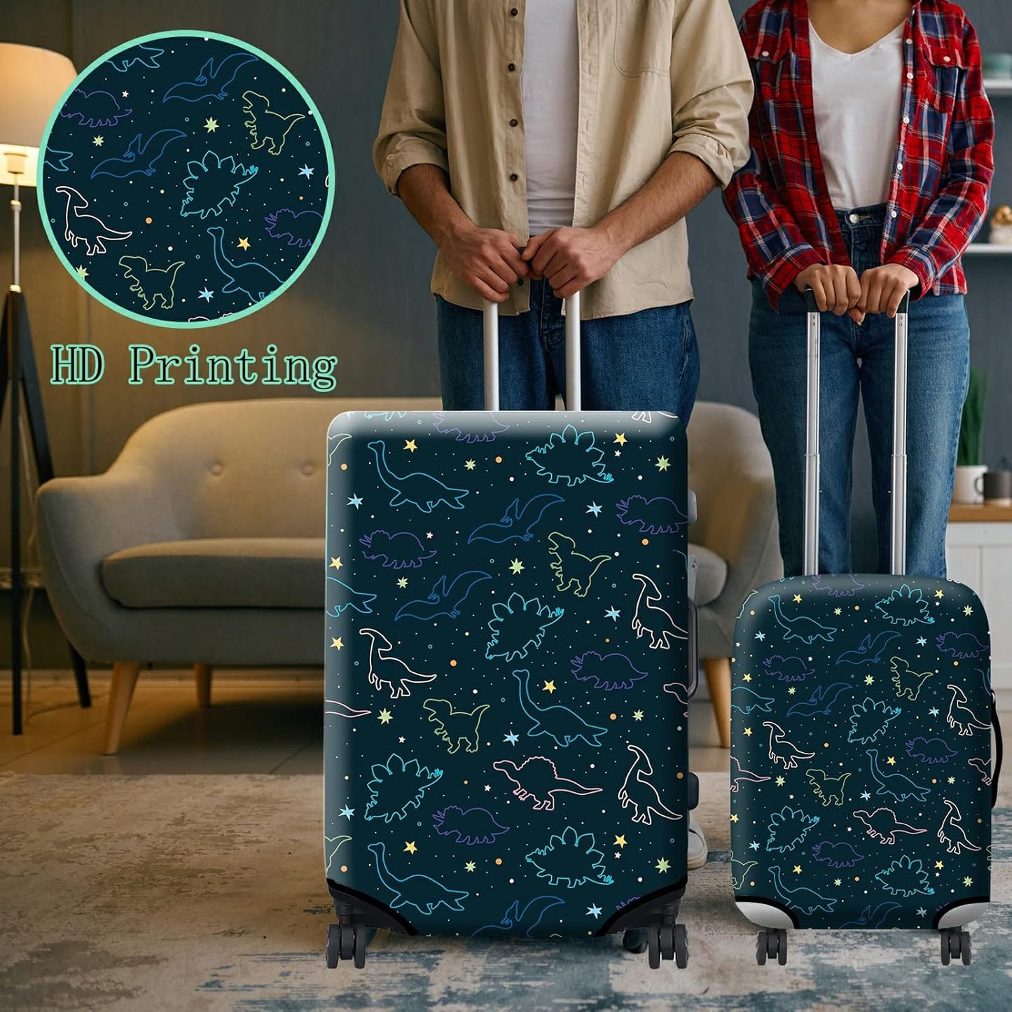 Luggage Cover Suitcase Protector Plus 1 Luggage Tag, Dinosaurs Space Travel Suitcase Cover Suitable for 26-28 inch Luggage (L) with Concealed Zipper Washable Elastic Cloth Dustproof Anti-Scratch