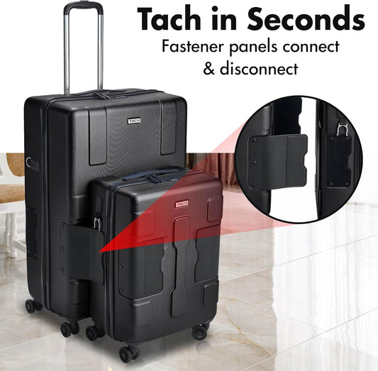 Tach V3.1 Hard Shell 2 Piece Luggage Set - 20 & 28 inch Luggage | Carry On & Large Checked Suitcases | Patented Built-In Connecting System | Rolling Suitcase Links 9 Bags (Black)