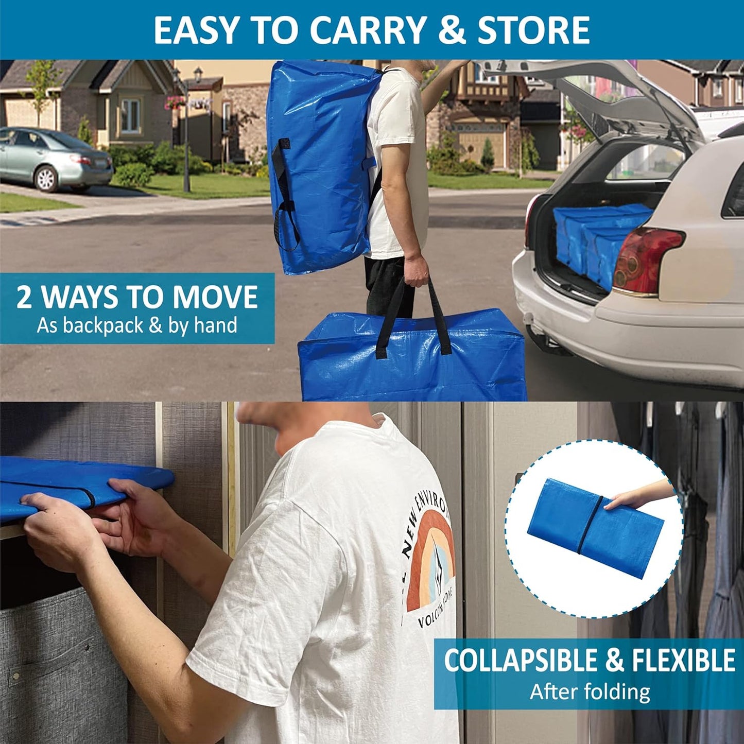 12 Pack Heavy Duty Extra Large Moving Bags with Backpack Straps & Large Vacuum Storage Bags Moving Supply Combo, Moving Totes with Handles & Zippers for Space Saving, Fold Flat, Includes Vacuum Bags