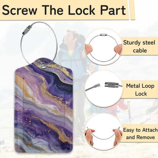 3 Pack PU Leahter Abstract Marble Liquild Luggage Tag with Stainless Steel Loop,Colorful Travel Suitcase Labels with Privacy Cover ID Label Quickly Spot for Bags