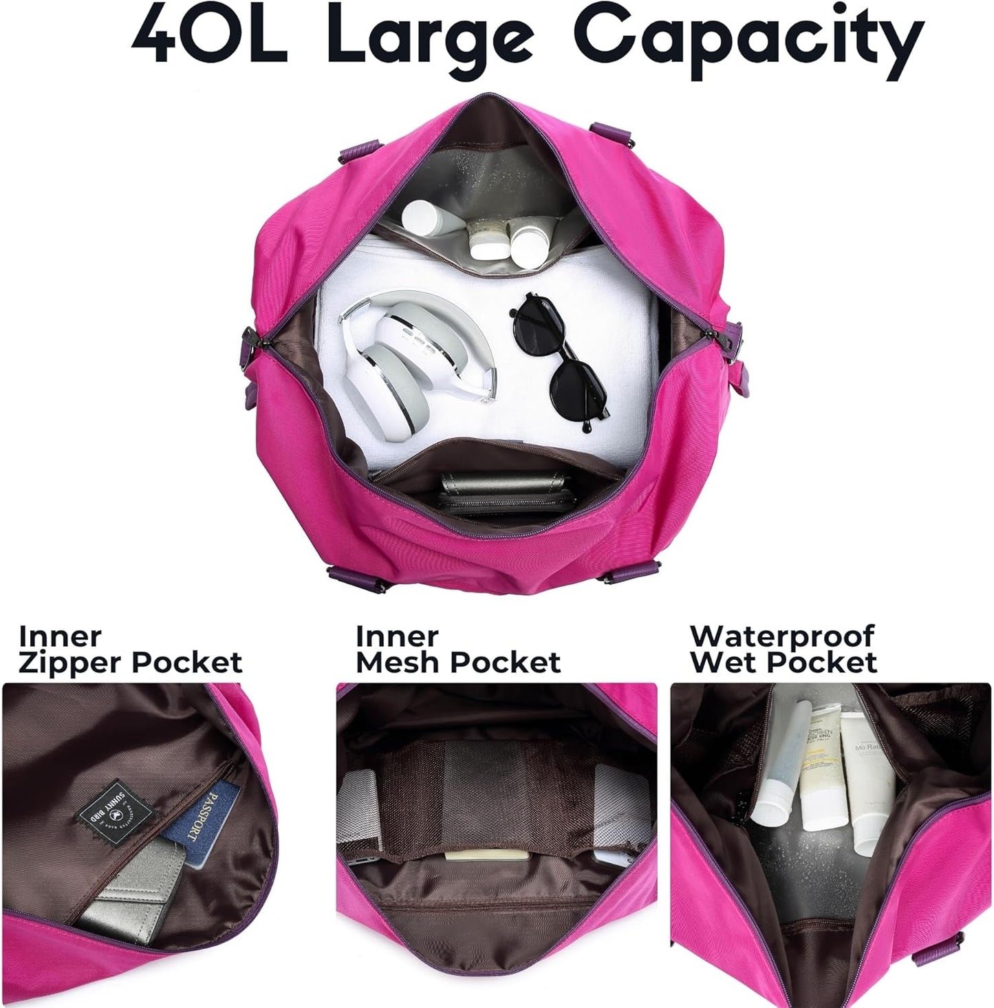SUNNY BIRD Duffel with Utility Pouch, 40L Weekender Overnight Bag with Shoe Compartment for Travel and Sports (Purple)